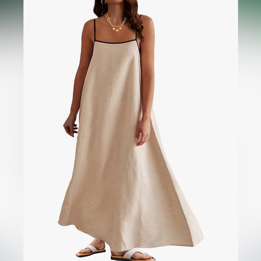 Elegant Cream Contrast Trim Maxi Dress